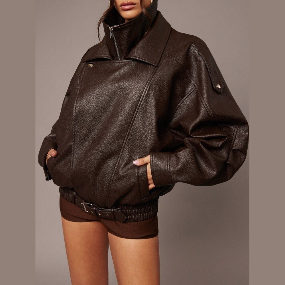 Chocolate Brown Faux Leather Oversized Moto Aviator Jacket